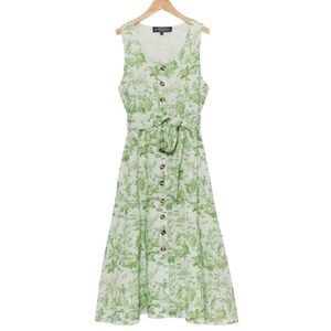 The J. Peterman Company Toile Print Dress Green White Cotton Belted Dress Size 6